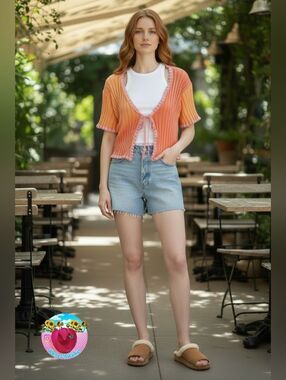 Ruffle Tie-Front Cardigan in Orange & Coral with Pink Trim- Size L- Like New